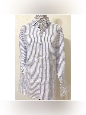 Men’s Tommy Bahama 100% Linen White Button-Down Shirt with Blue Vertical Stripes